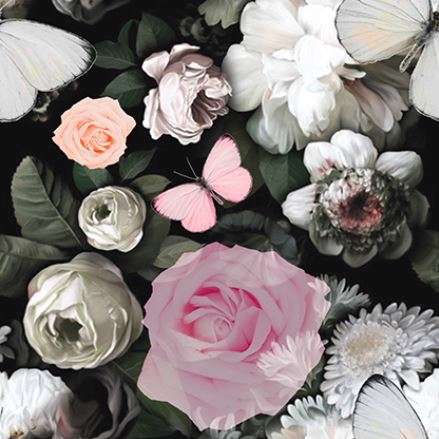 Bomuldsjersey - med smukke roser og sommerfugle Gots, restestykke på 80 cm